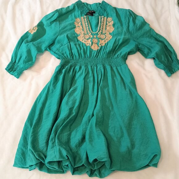 Neslay Paris Teal Green Embroidered Boho Mini Poof Bubble Dress Large - Picture 7 of 13
